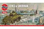 Airfix 1/76 scale LCM3 & Sherman Tank model kit box art featuring a painted illustration of a tank landing craft and Sherman tank in a beach landing scene.