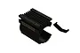 ARRMA black aluminium motor heat sink for 4685 motors, featuring a finned design and a separate mounting clip on a white background.
