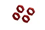 Four red anodized aluminium serrated wheel nuts for ARRMA 1/5 scale RC vehicles, arranged in a group against a white background.