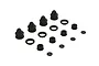 A set of black ARRMA 1/5 8S BLX shock absorber components including caps, adjusting nuts, collars, and cartridges arranged on a white background.