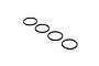 Four black rubber O-rings arranged in a diagonal line on a white background.