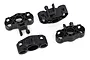 Four black plastic RC car suspension hub carriers arranged on a white background.