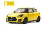 A studio shot of a 1/10 scale Tamiya Suzuki Swift RC car in yellow, featuring black wheels and a pre-painted body.