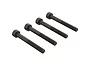 Four black metal cap head screws arranged in a row against a white background.