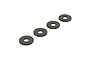 Four small, circular, dark grey steel washers arranged in a diagonal line against a white background.