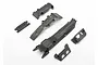 A set of black plastic Traxxas RC chassis skid plates and protective components arranged on a white background.