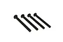 Four black metal button head screws arranged in a row against a white background.