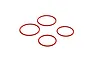Four red rubber O-rings arranged in a diamond pattern on a plain white background.