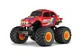 Tamiya Monster Beetle Trail RC car, a red 1/14 scale electric 4WD rock crawler with large knobby tires and yellow wheels on a white background.
