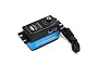 Yeah Racing Hackgear low profile coreless digital servo with blue aluminium case and black top, featuring a splined output shaft and attached wire lead.