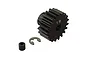 ARRMA 19T 1Mod pinion gear with a small hex grub screw and a metal e-clip on a white background.