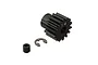 ARRMA 14T 1Mod Safe-D5 pinion gear with a grub screw and E-clip on a white background.
