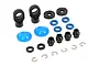 A collection of Traxxas GTR shock rebuild parts including plastic shock ends, rubber O-rings, blue silicone diaphragms, pivot balls, and metal E-clips.