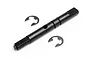 A black metal gearbox drive shaft for an RC car, accompanied by two silver E-clips, isolated on a white background.