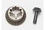 A metal crown gear and a small pinion gear for an RC car differential, shown against a plain white background.