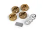 Four gold-coloured aluminium 12mm hex wheel adapters with four metal pins and four silver washers on a white background.