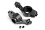 Two black plastic RC car rear hubs and two small metal grub screws on a white background.