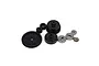 A set of black plastic and silver metal RC transmission gears arranged on a white background.