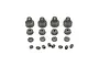 A set of grey plastic RC shock absorber components including four shock caps, four spacers, four pistons, and eight pivot balls arranged on a white background.
