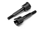 Two black metal RC wheel axles with threaded ends and drive cups, isolated on a white background.