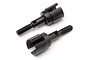 Two black metal RC wheel axles with threaded ends and slotted drive cups, isolated on a white background.