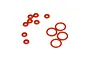 A set of small red rubber O-rings of varying sizes for RC shock absorbers.