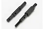 Two black metal RC drivetrain shafts, one with a threaded end and hexagonal section, on a white background.