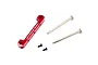 ARRMA red aluminium front upper suspension arm pin brace with two silver pins and two small black screws on a white background.