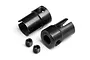 Two black metal RC centre drive cups and two small grub screws on a white background.