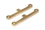 Two gold-coloured aluminium suspension arm pin braces for Maverick RC vehicles, shown from an elevated angle on a white background.