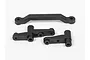 A set of black plastic RC steering components including a cross brace and two bell crank arms on a white background.
