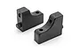 Two black plastic steering servo mounts for Maverick RC vehicles, shown from an angled perspective on a white background.
