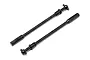 Two black metal RC car drive shafts with universal joints and hex ends, isolated on a white background.