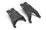 Two black plastic chassis skid plates for a Maverick RC vehicle, shown from a top-down perspective on a white background.