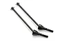 Two black metal RC universal driveshafts with threaded ends and ball joints, isolated on a white background.