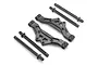 A set of black plastic RC car parts including two body posts and two suspension arm-like mounts on a white background.