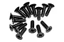 A collection of fifteen black metal countersunk head self-tapping screws arranged on a white background.