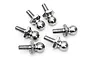 A set of six silver-coloured metal ball studs for RC car suspension, arranged on a plain white background.