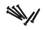 Six black button head screws with fine threads arranged on a white background.