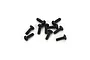 A small pile of ten black metal button head screws with coarse threads, isolated on a white background.