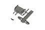 ECX battery hold down and ESC mounting plate parts on a plastic sprue with a single screw on a white background.