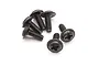 A group of six black metal washer head screws with Phillips drive heads arranged on a white background.