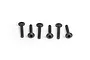 Six black metal washer head screws arranged in a row against a white background.