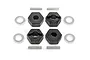 A set of four black plastic 12mm wheel hex adapters for RC cars, including four metal drive pins and four metal washers, arranged on a white background.