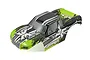 A pre-painted green and black RC truck body shell for the ECX AMP MT, featuring white graphic decals and a glossy finish.