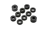 A collection of ten black circular RC suspension shims or spacers arranged on a white background.