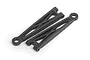 Two black plastic RC car front upper suspension arms shown from an overhead angle on a white background.