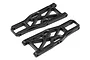 Two black plastic rear lower suspension arms for a Maverick RC vehicle, shown from an angled top-down perspective.