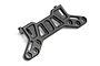 A black plastic rear body post mounting plate for an RC car, featuring a structural design with multiple mounting holes and cutouts.
