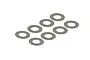 Eight flat, circular steel washers arranged in two rows of four on a white background.